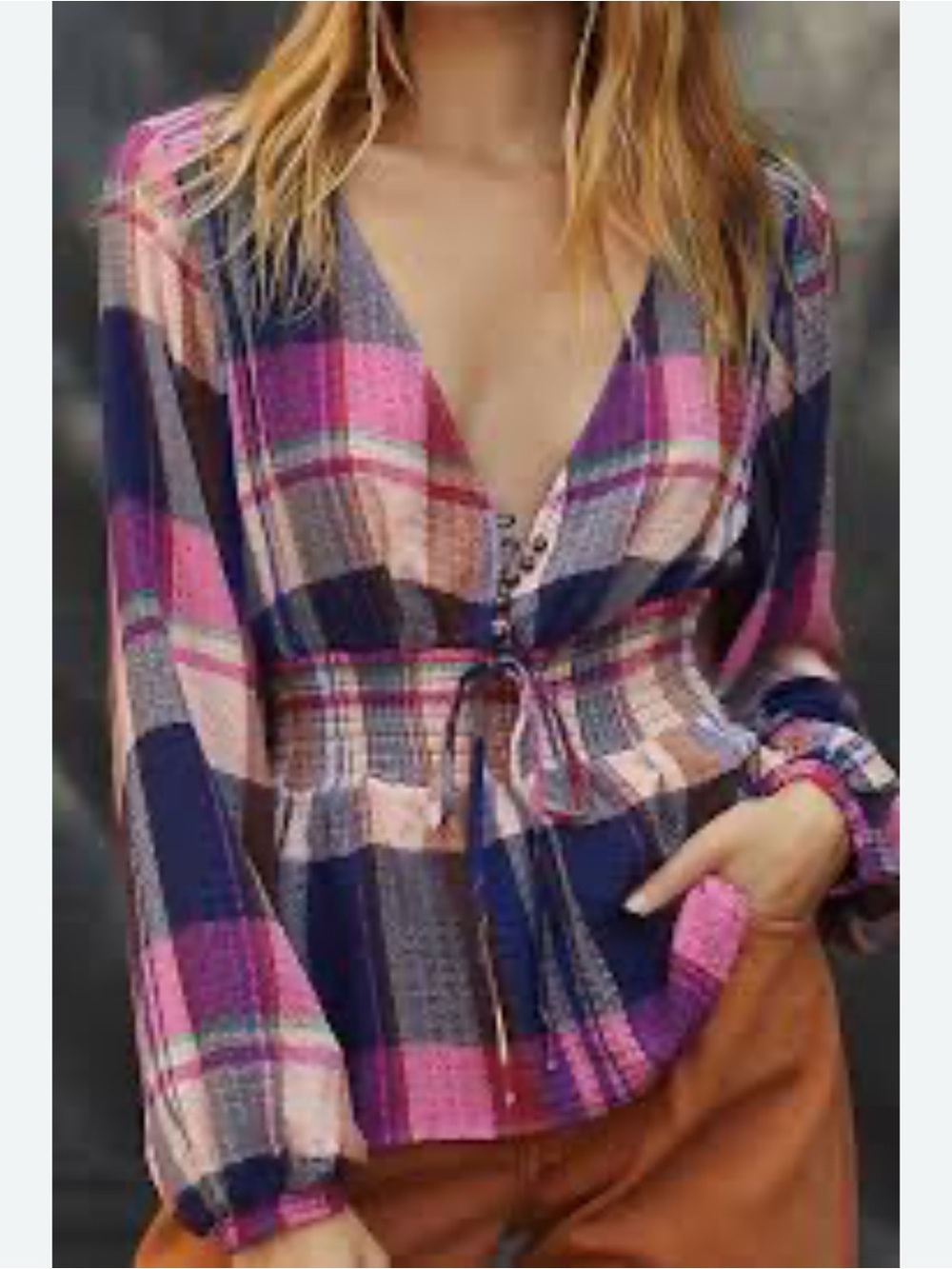 Pilcro Pink & Navy Plaid V-Neck Peplum Top XS